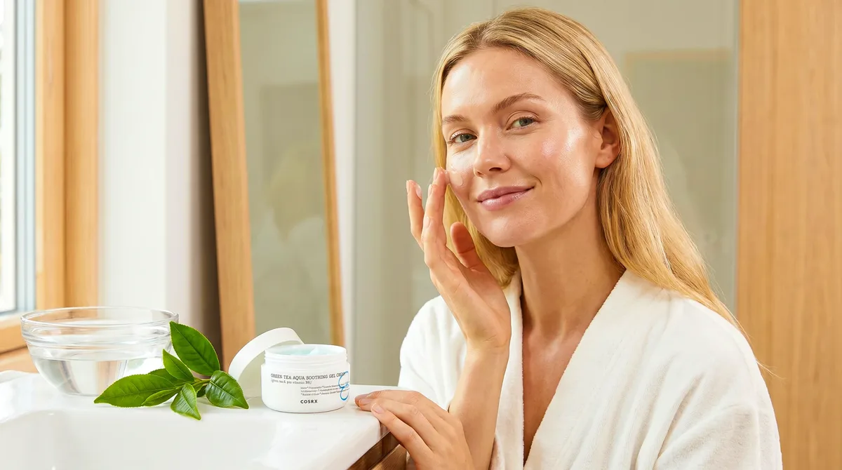 COSRX Hydrium Green Tea Aqua Soothing Gel Cream - mitrinošs sejas gēla krēms ar zaļās tējas ekstraktu un pantenolu. Viegla, atsvaidzinoša tekstūra, kas ideāli piemērota taukainai, kombinētai un problemātiskai ādai. Mazina apsārtumu, nomierina iekaisumus un nodrošina intensīvu hidratāciju visas dienas garumā.